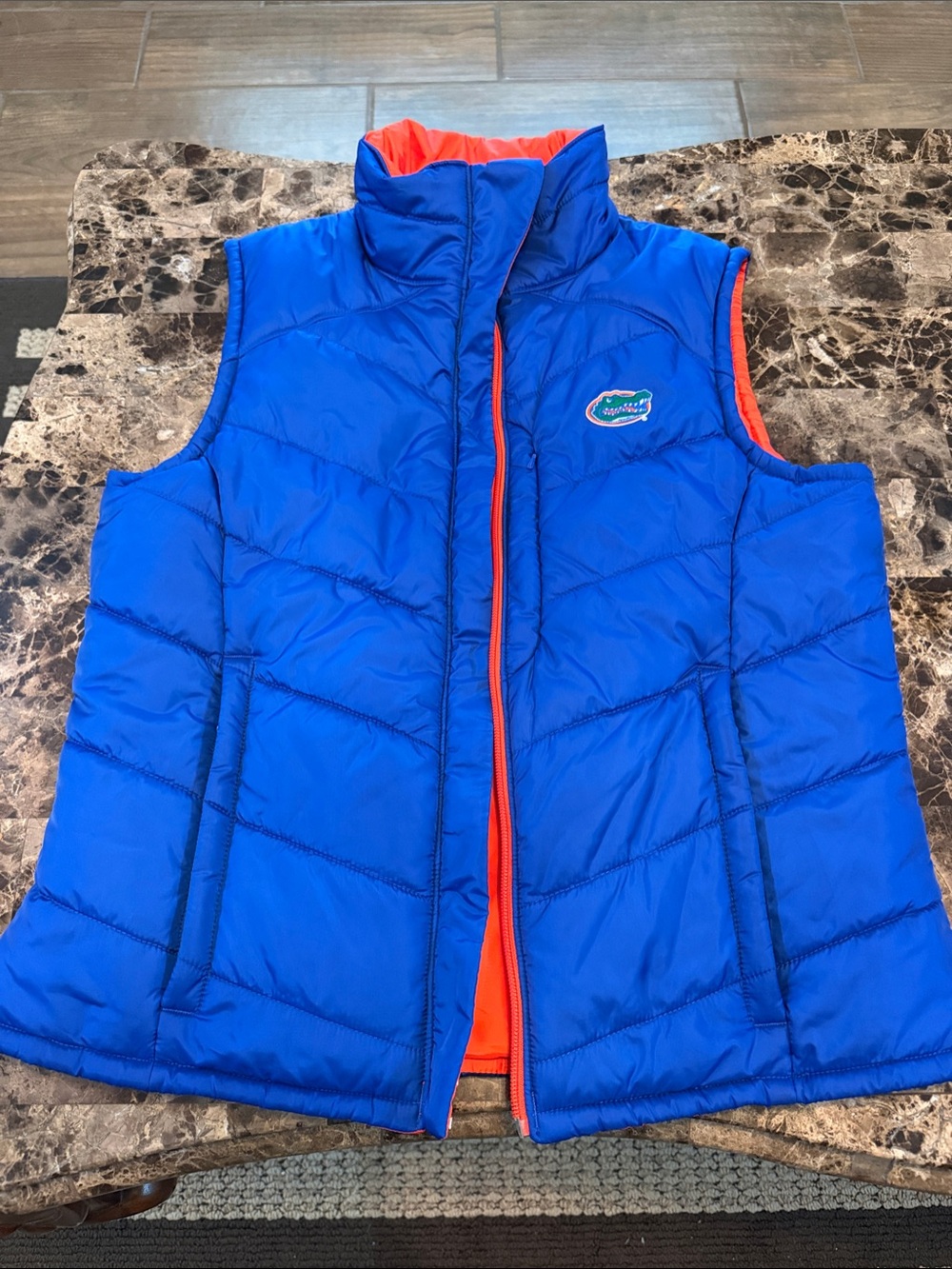 Columbia Blue Puffer Vest with Orange Trim